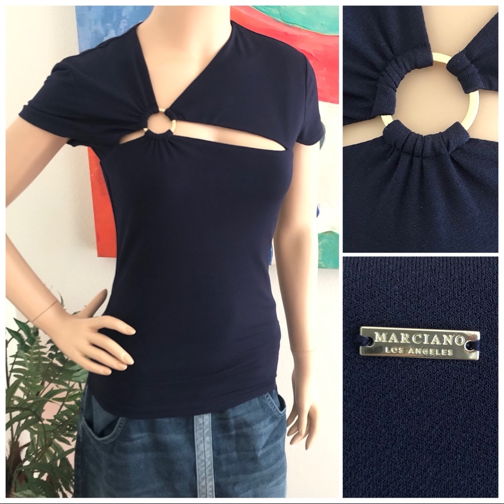 Guess by Marciano Navy Short Sleeve Dressy Cutout Top
